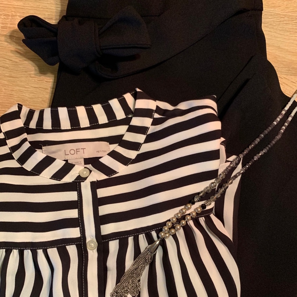 LOFT Black and White Stripped Button-up Woven Top